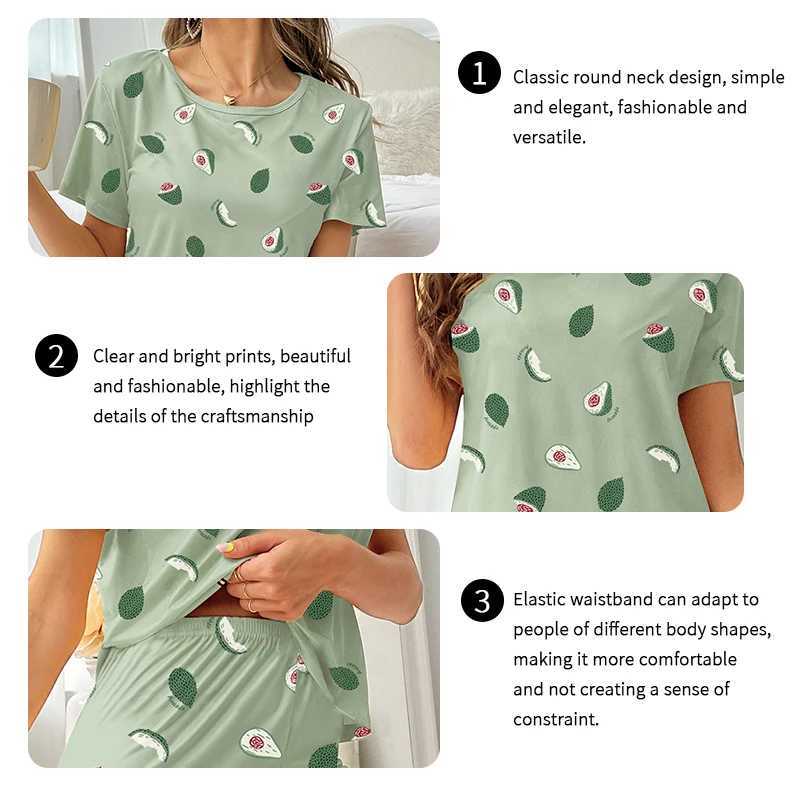 Womens Pajamas Sleepwear Set Soft Comfortable Short Sleeve Tops With Long Pants Pajama 2 Pieces Lingerie Women Home Clothes SuitX2409