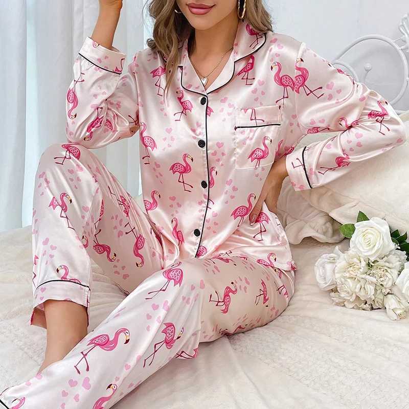 Womens Satin Pajamas Flamingo Print Pyjama Femme Casual Home Clothing Autumn Lapel Collar Button Tops Pants Sleepwear 2 PieceX240910