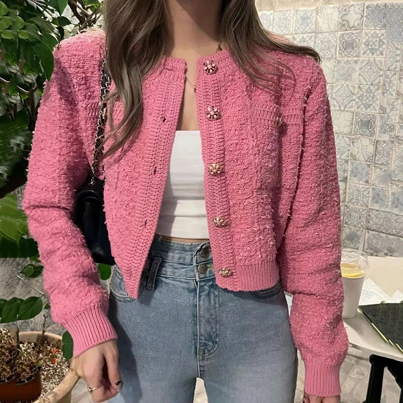 Korean Style Pink Round Neck Cropped Cardigans for Women Chic Button Long Sleeve Knitted Coats Woman Pocket Bling Short Cardigan 240905