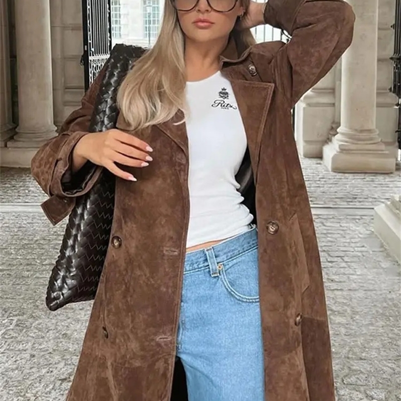 Elegant Suede Leather Belt Long Windbreaker Coat Fashion Double Button Lapel Oversize Jacket 2024 Autumn High Quality Streetwear y240910