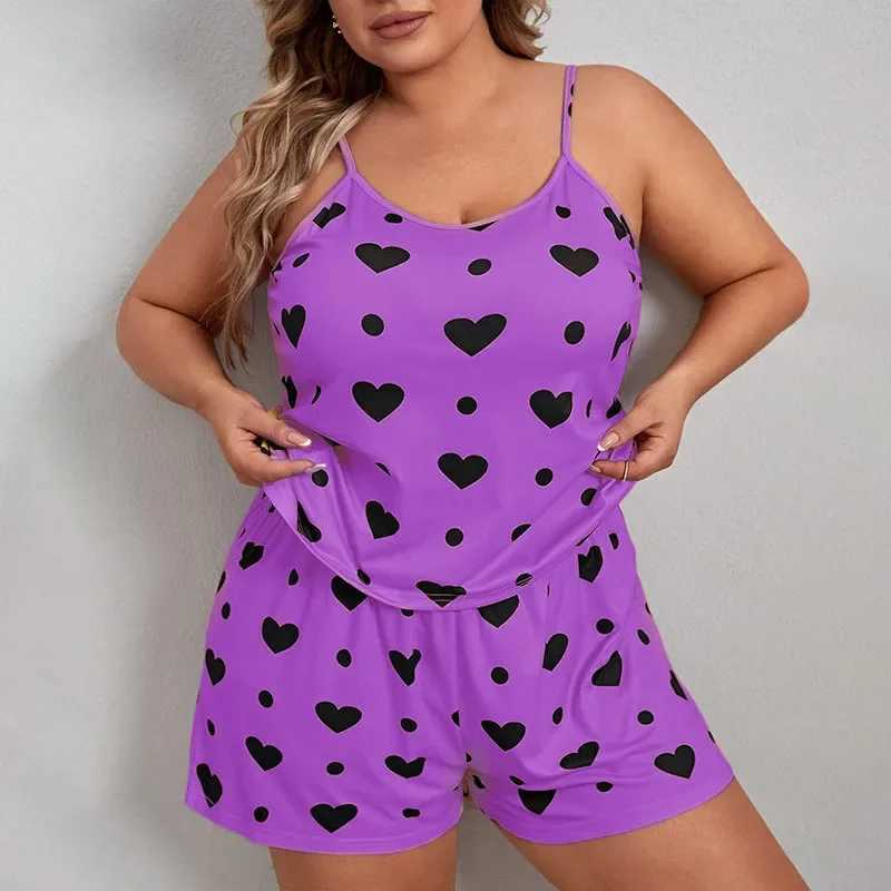 Sleeveless Plus Size Neck Heart Print Women O Pajama Set Crop Top Elastic Waist Shorts 2 Pieces Female Sleepwear NightwearX2409
