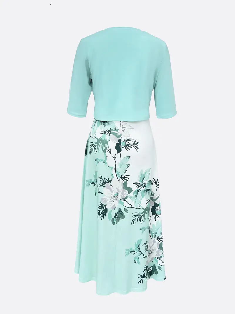 2023 European and American Autumn New Women's Long Dress Two Piece Flower and Grass Print Round Neck Dress Coat Women