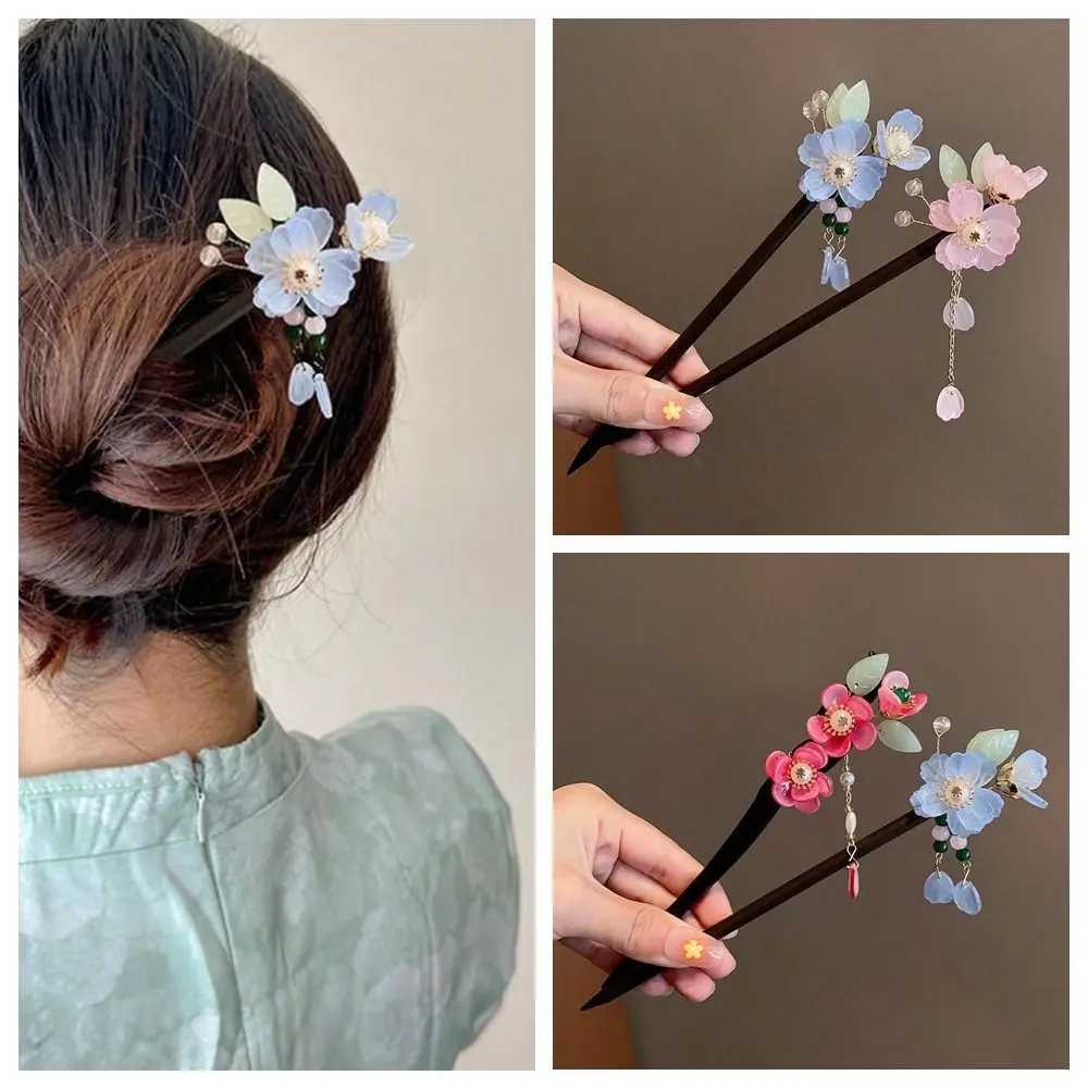 Vintage Wooden Hair Stick Chinese Style Winding Flower Hairpin With Tassel Classical Elegant Lady Hair Clip Hair AccessoriesX2409