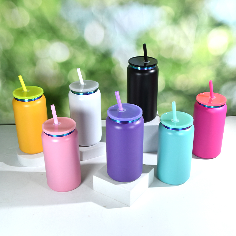 16oz UV plating tumbler colored powder coated stainless steel vacuum insulated tumblers mason jar for laser engraving food cans with colored lids stra