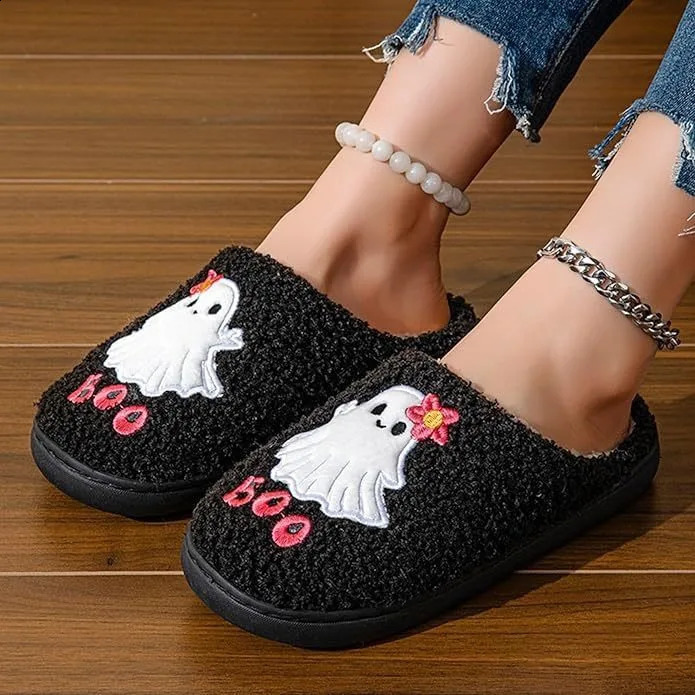 Halloween Style Home Fluffy Slippers Women Winter Soft Sole Plush House Slippers Woman Flat Heel Casual Warm Cotton Shoes 2024 240910