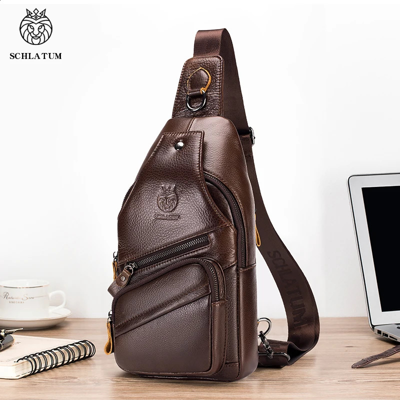 Schlatum Mens Leather Sling Bag Multi functional Retro Cross Chest Bag Large Capacity 240907