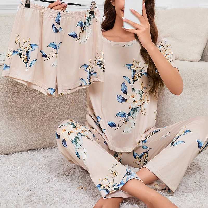 Womens 3 Piece Short Sve Crew Neck Top With Shorts And Pants Loungewear Spwear Lounge Sets Nighty Print Casual Pajama SetXJ250220