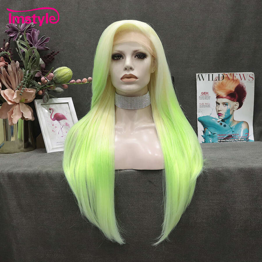 Imstyle Ombre Synthetic Front Light Green For Women Straight Hair Lace Wigs Party Wig High Temperature