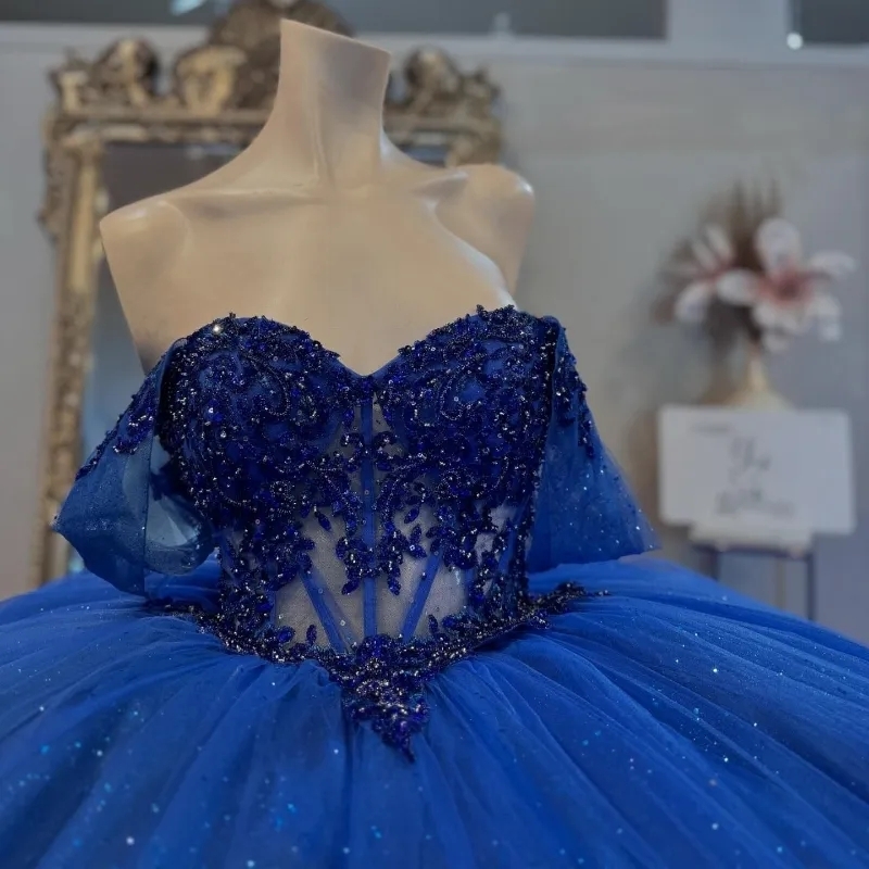 Royal Blue Princess Ball Gown Quinceanera Dresses Off Shoulder Appliques Lace Beads Crystals Sweet 16 Birthday Party Dress Lace-Up Vestidos De 15 Anos