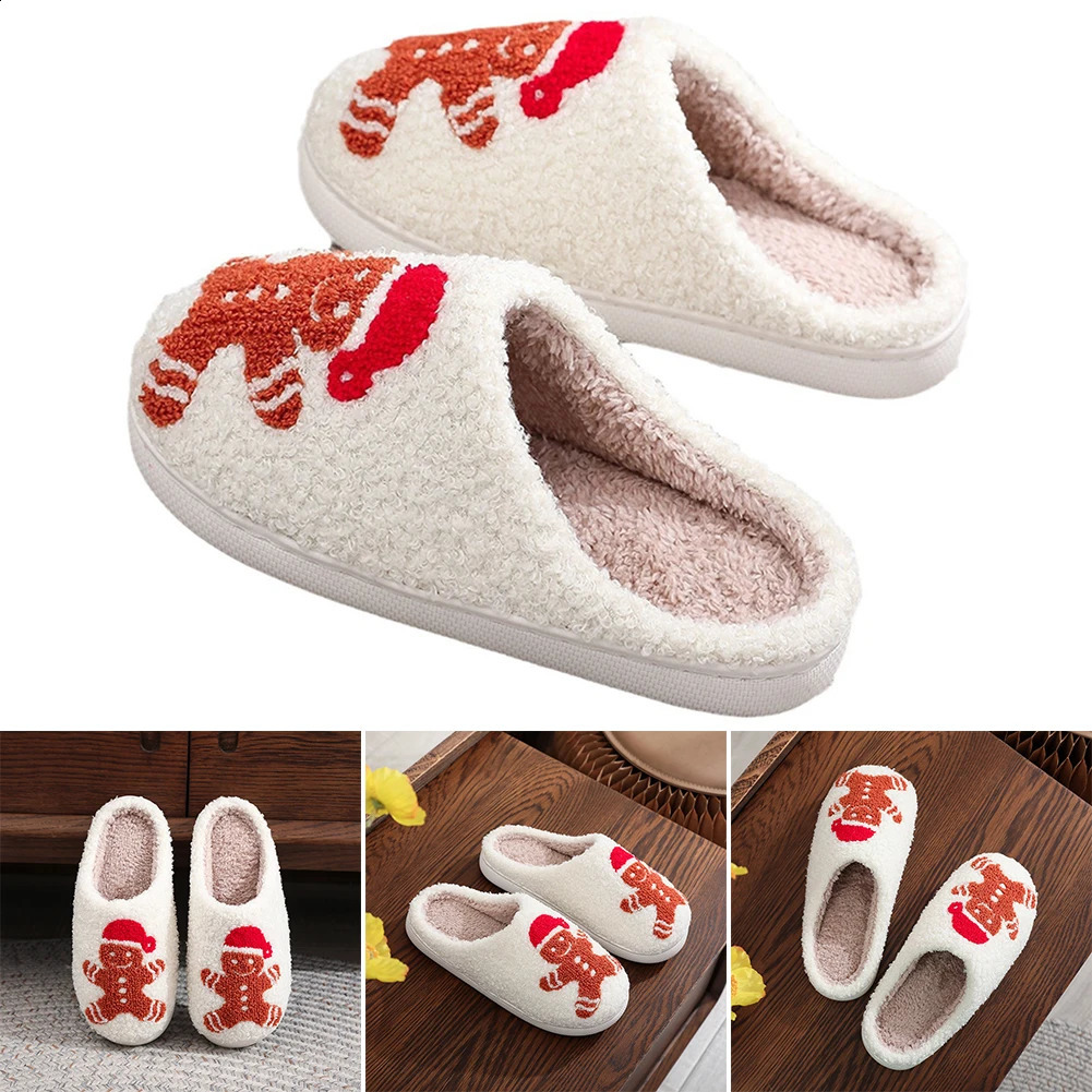 Christmas Slippers Female Home Fluffy Flip flops Winter Women Girls Indoor Cute Deer Gingerbread Man Warm House Plush Shoes 240910