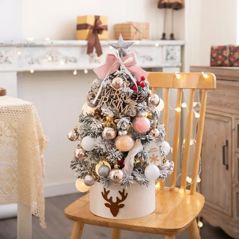 Tabletop Christmas Tree with Deco Kit Red White Ball Ornament and Gift Box Snow Flocked Mini Christmas Tree for Tabletop Deco 240910