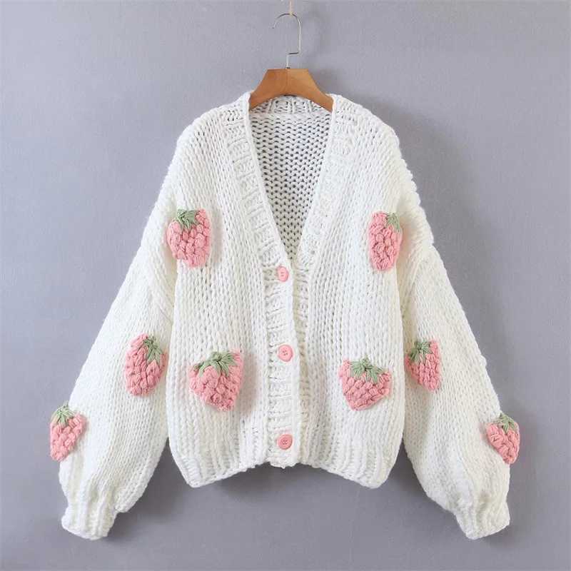Womens Knitted Sweater Cardigans Fall Korean Style Casual All-Matched V-Neck Strawberry Knitting Lantern Sleeve Loose Sweaters M240910
