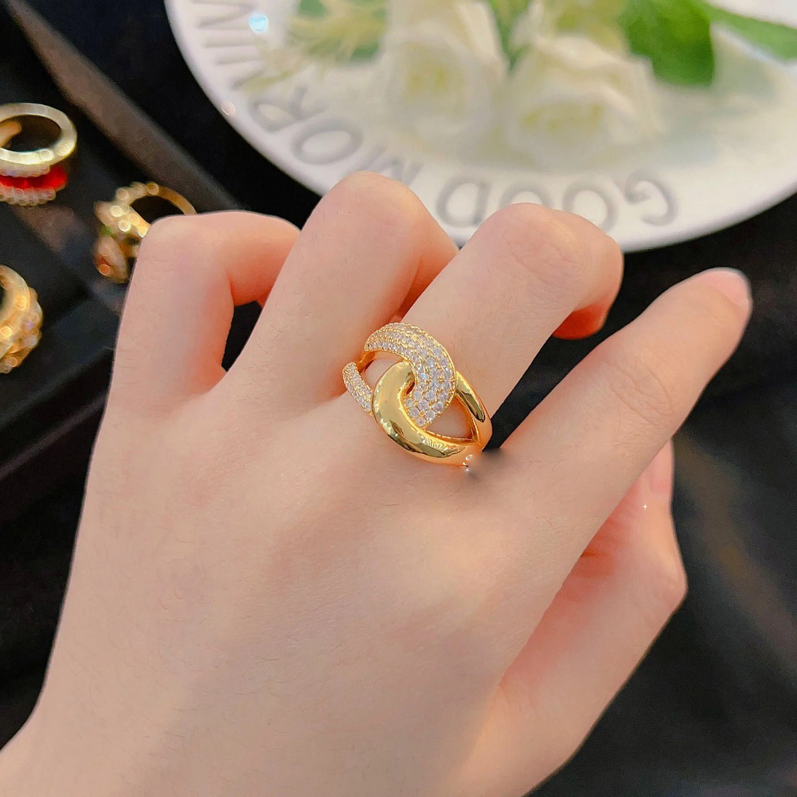 Vintage glass gold-plated mini set with all diamond antique ring 240910