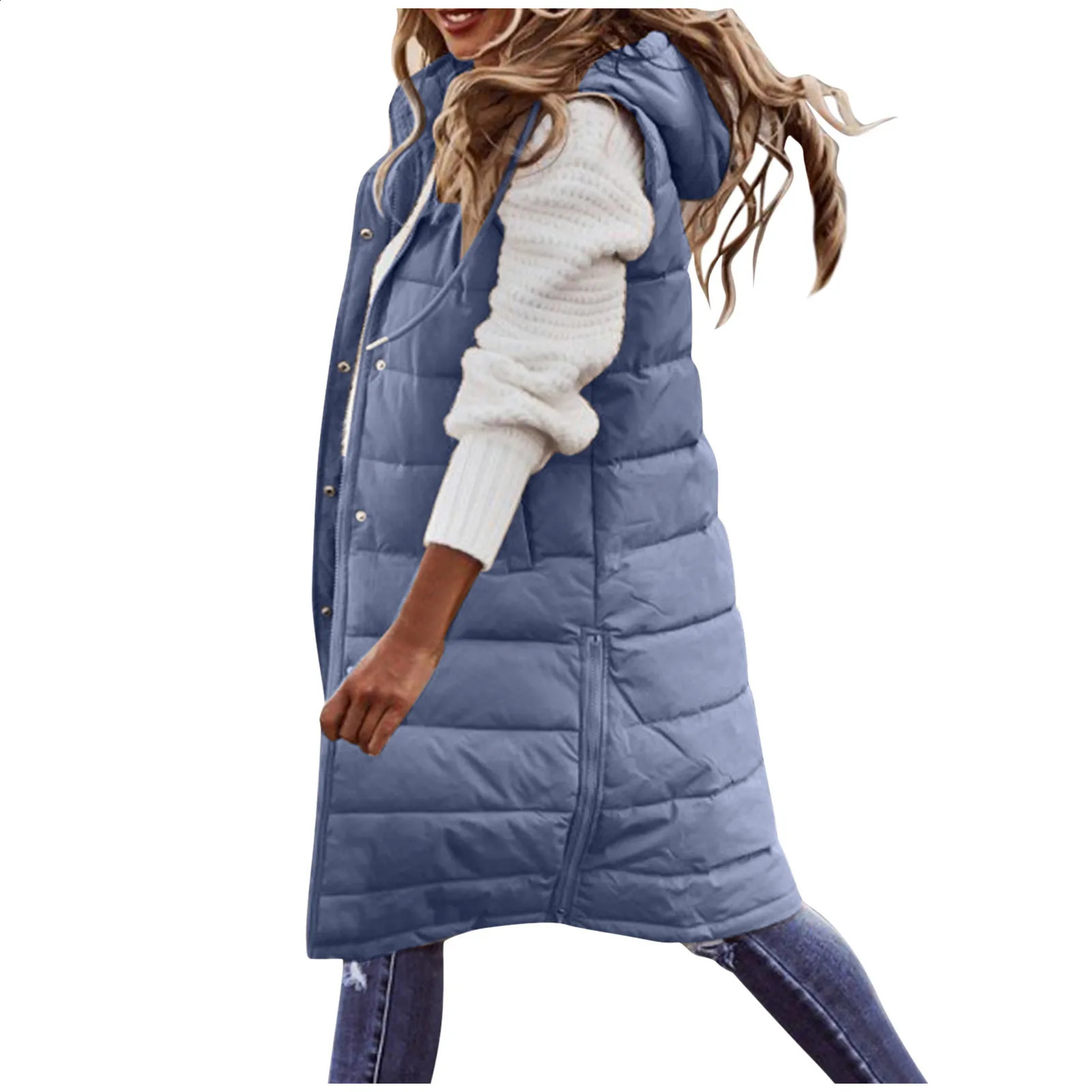 Womens long winter coat vest with hood quilted cotton jacket sleeveless warm pockets outdoor S5XL 240910