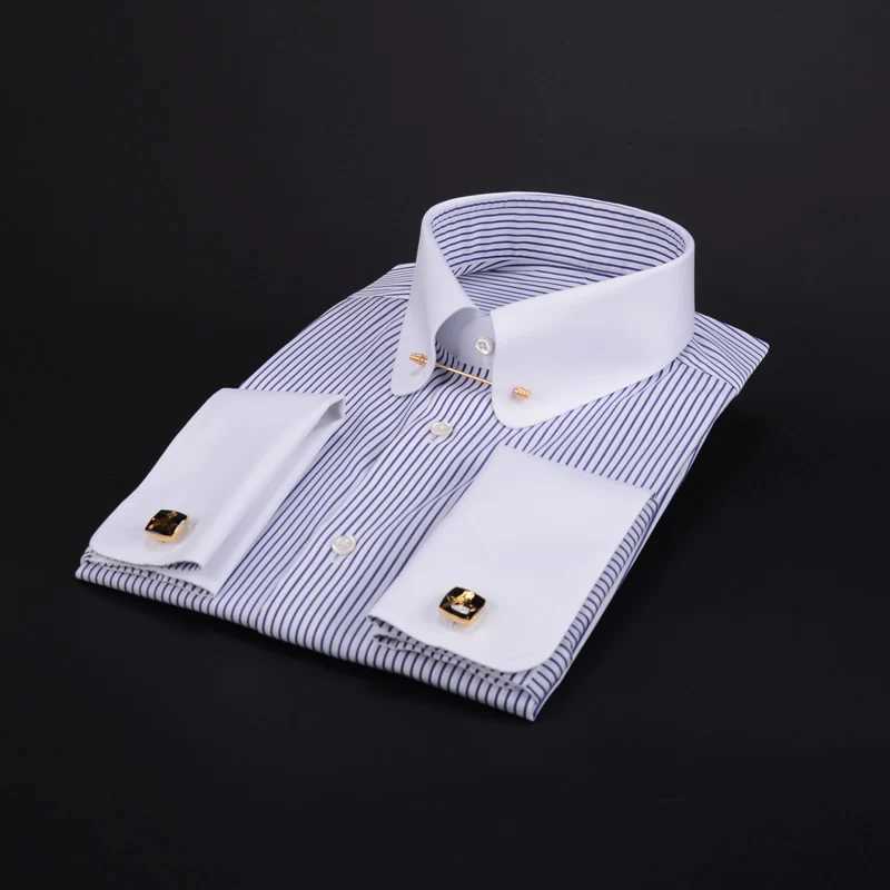 Mens 100% pure cotton empire collar long sleeved shirt - retro round neck French cuffs business attire W240911