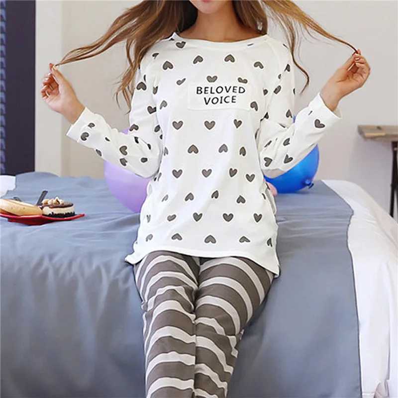 Autumn Thin 2pieces Pyjamas Set Women Cotton Round Neck Girls Bear Pajamas Sets Teacup Cat Full Spwear Tops Pajama jerXJ250220