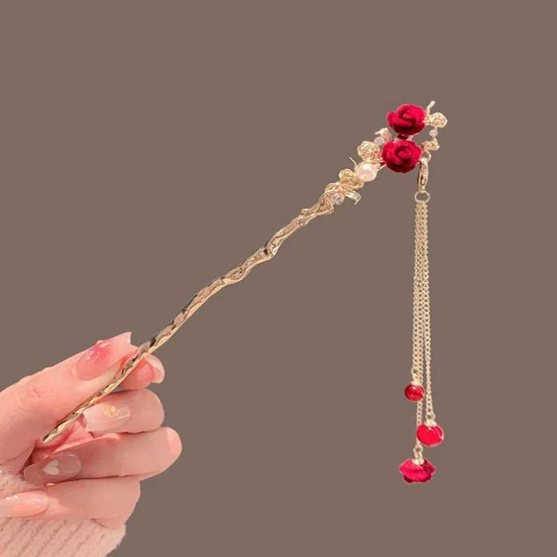 Retro Red Hair Stick Chinese Style Hanfu Tassel Women Flowers Chopsticks Alloy Hairpin Woman Jewelry Hair Clip AccessoriesX2409