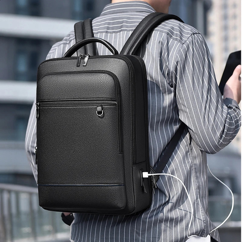 Executive backpack mens PU leather backpack USB charging briefcase travel laptop business shoulder bag men 240910
