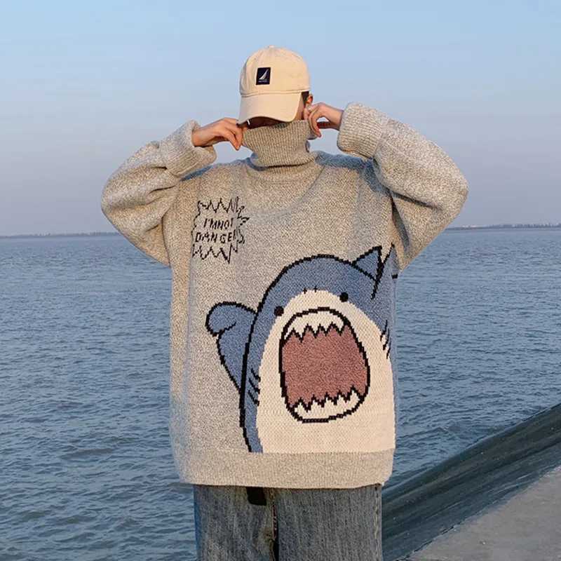 Black Shark Turtle Neck Sweater Mens Knitted Pullover Y2k 2024 Winter Harajuku Korean style Ultra fine High Neck Sweater W2411111