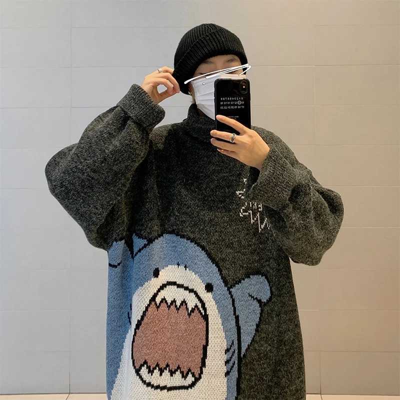 Black Shark Turtle Neck Sweater Mens Knitted Pullover Y2k 2024 Winter Harajuku Korean style Ultra fine High Neck Sweater W2411111