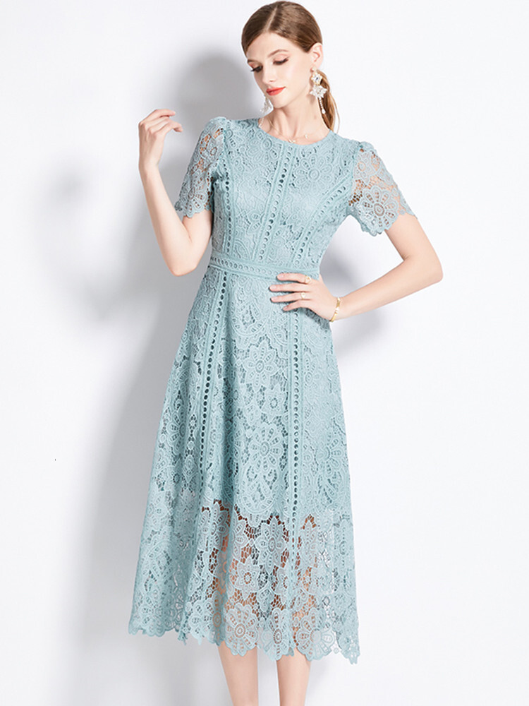 HMA Vintage High-End O-Neck Short Sleeve Lace Hollow Out Dress For Womens Summer Slim Elegant Long Dress Female Clothing
