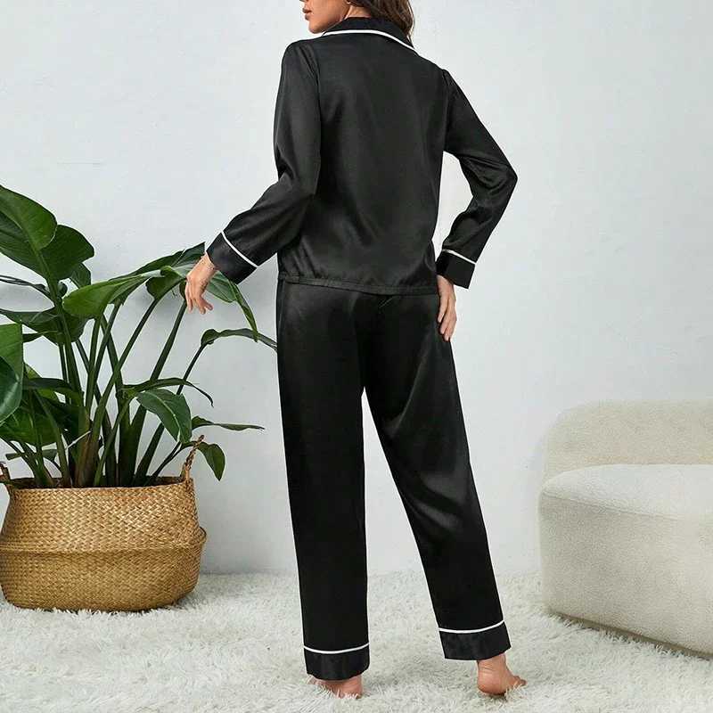 Plus Size Fall and Winter Silk Satin Women Pajamas Set Button down Top Trousers 2 PCS Set Spwear Solid Nightwear LoungewearXJ250220