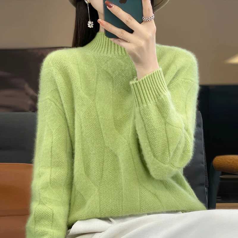 Womens pullovers fall/winter high-quality soft 100% merino wool sweater with half high neck and thick cashmere sweater top M240910