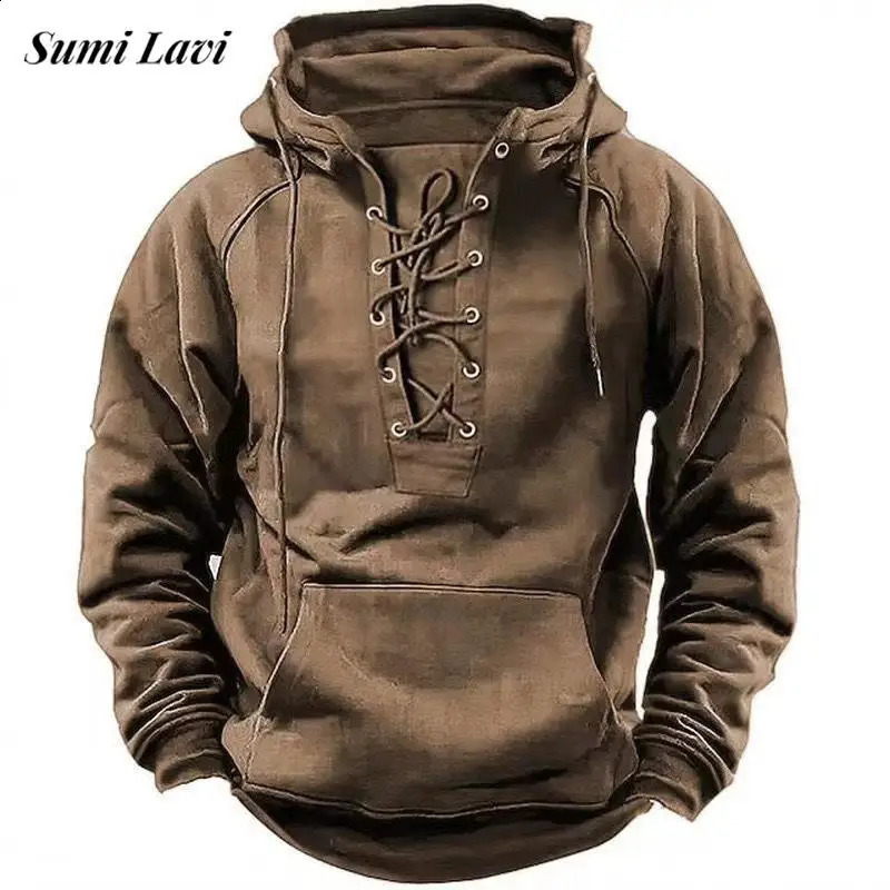 Autumn Fashion Mens Hoodie Sportswear Lace Strap Long Sleeve Loose Mens Street Clothing Retro Solid Color Hoodie 240909