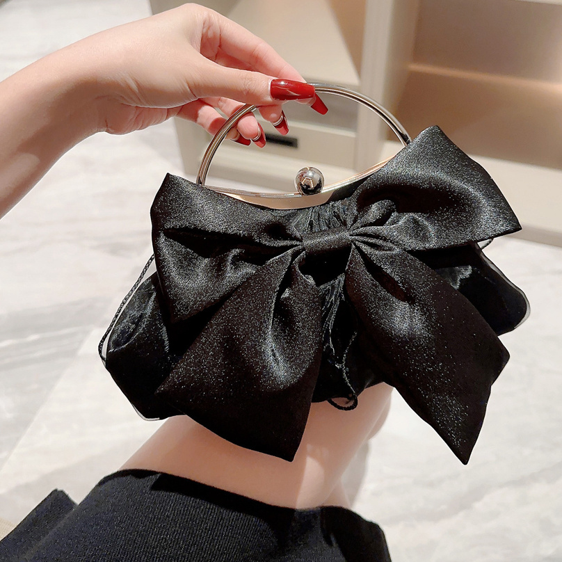 White Satin Bow Fairy Evening Bags Clutch Metal Handle Handbags for Women Wedding Party Bridal Clutches Purse Chain Shoulder Bag luxury dinners bag we