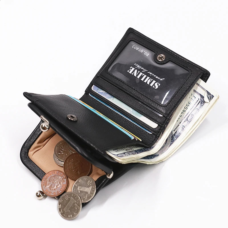 Womens Genuine Leather Wallet Fashion Short Double Fold Womens Wallet Card Clip with Kiss Lock Closed Coin Pocket 240907