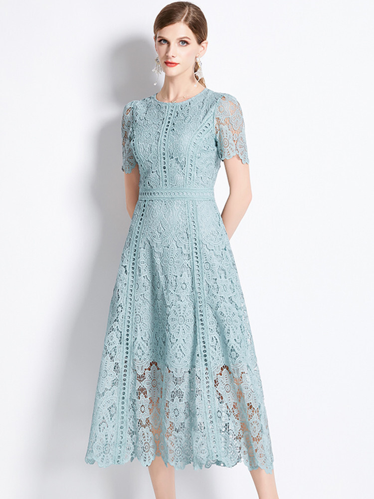 HMA Vintage High-End O-Neck Short Sleeve Lace Hollow Out Dress For Womens Summer Slim Elegant Long Dress Female Clothing