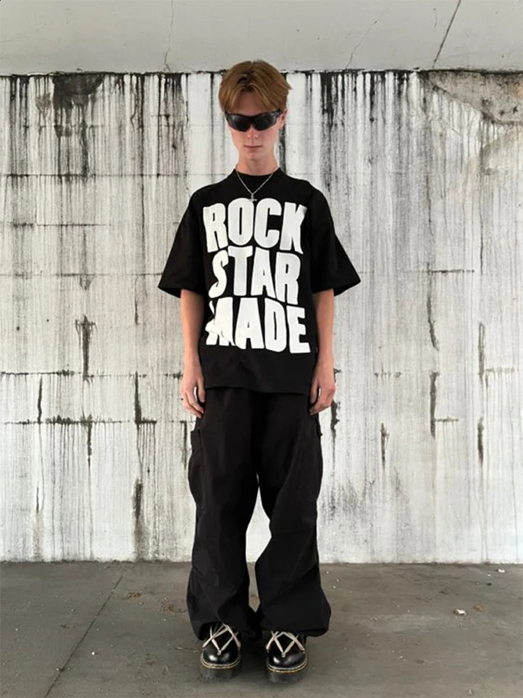 Rock Goth Fashion Mens Punk Grunge Hip Hop Rap vintage Letter Print Short Sleeve T-Shirt Casual Oversized Y2K Cotton Streetwear 240911 - view 3