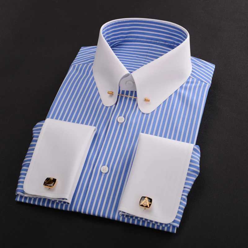 Mens 100% pure cotton empire collar long sleeved shirt - retro round neck French cuffs business attire W240911