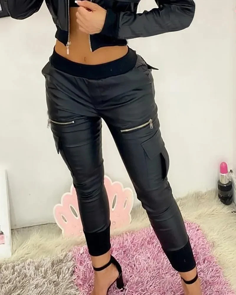 Womens pants with Pu leather zipper pocket n tight for women latest early spring fashion style 240910