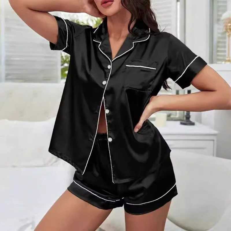 Summer Solid Sets Sleepwear Fashion Women Faux Korean Silk Pajama Piiama 2 Pieces Night Wears for Sleeping Home Suit OutfitsX24