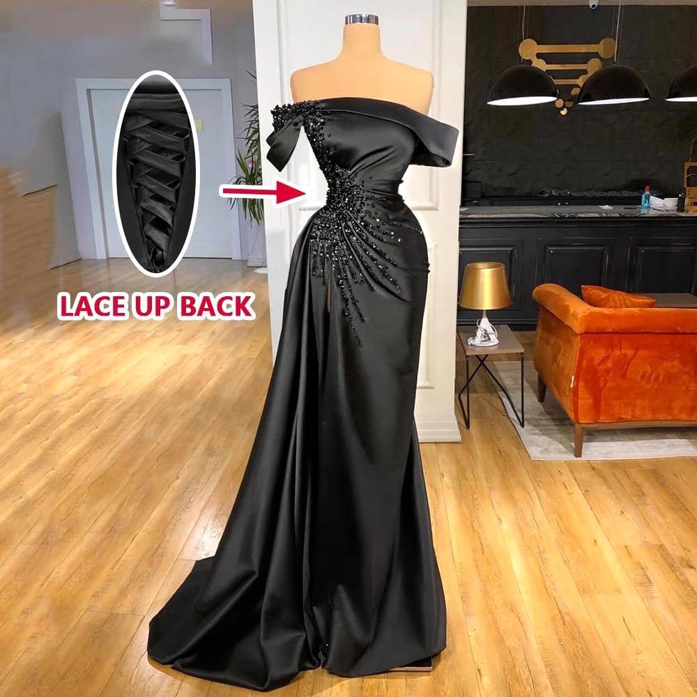 Popular Black Women Evening Dresses Elegant Off Shoulder Beads Pearls Arabic Dubai Party Formal Occasion Gowns Prom Robes With Corset Back BM3217 0911