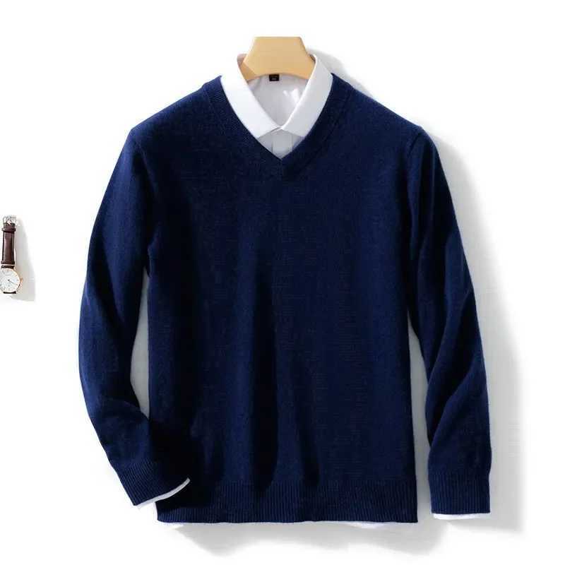 100% Soft Cashmere Sweater Mens Clothing Autumn Winter Pullover Business Casual Bottom V-neck Knitted Woolen Slim Fit KnitwearX240911