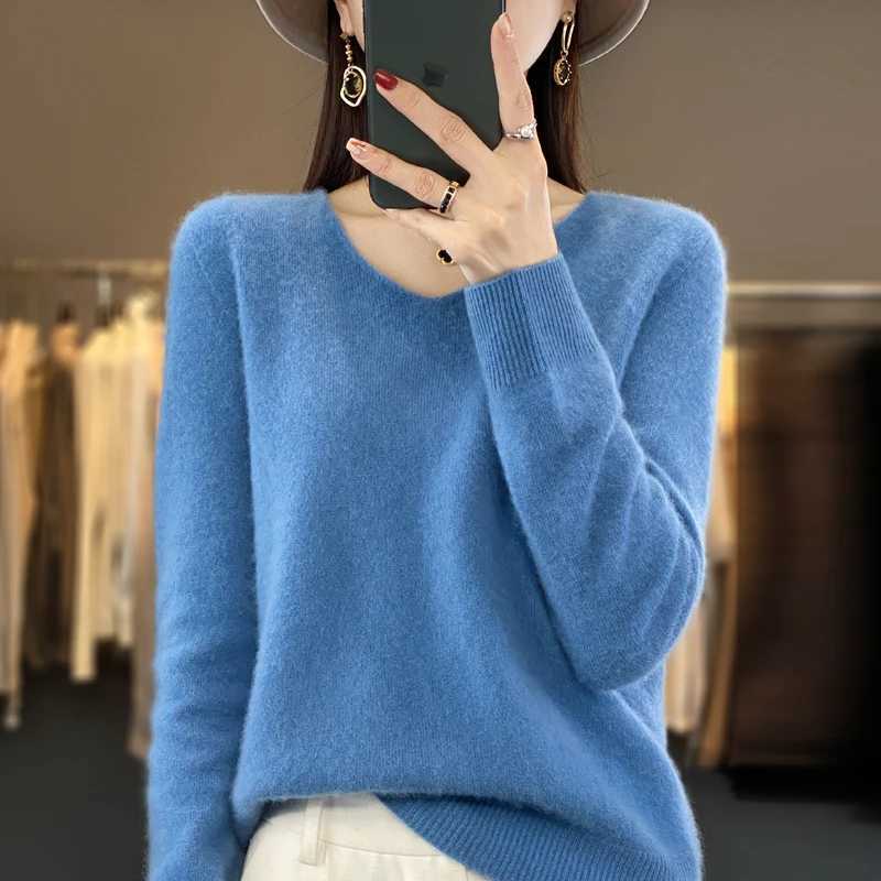 100% pure wool cashmere sweater womens V-neck pullover casual knit top autumn and winter womens coat Korean fashion M240910