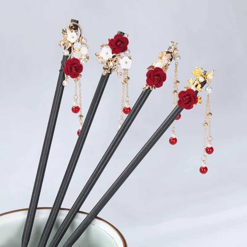 Vintage Wood Flower Tassel Hairpin For Women Girl Antique Hair Stick Hair Clip Costume Chinese Hanfu Hair Accessories Hair PinsX2409