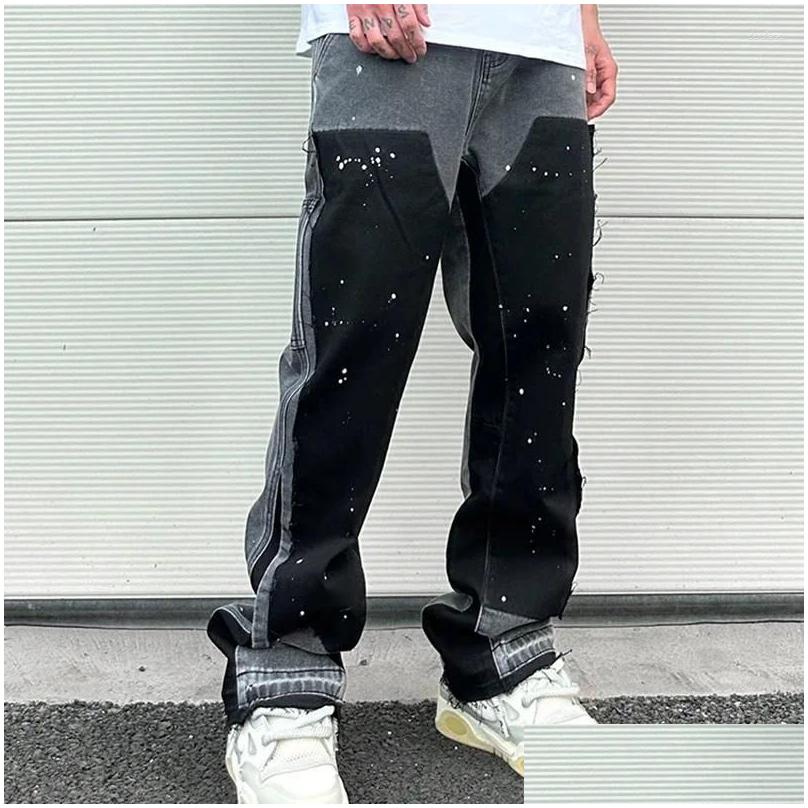 Mens European Ink Sprayed Flared For Men Contrast Color Looen Fit Streetwear Denim Clothes Open Hem Males Drop Delivery Apparel Cloth Dhhrj
