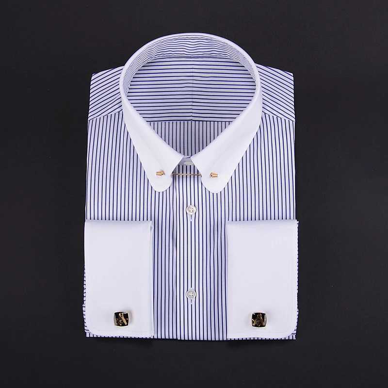 Mens 100% pure cotton empire collar long sleeved shirt - retro round neck French cuffs business attire W240911