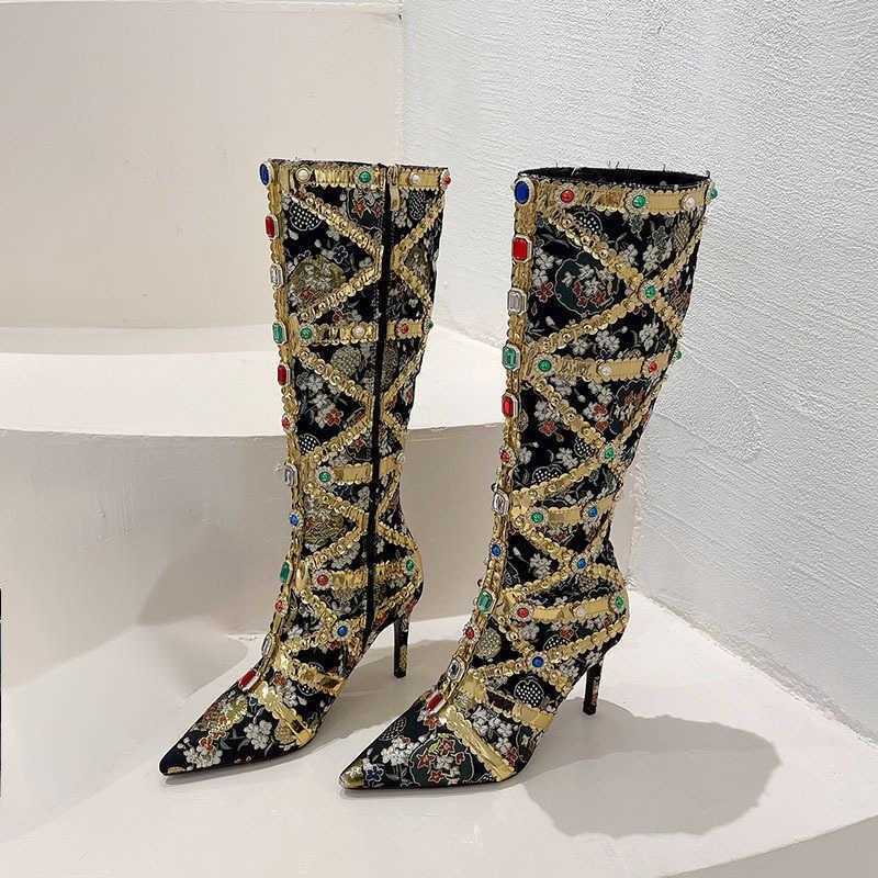 CMM Childrens Fashionable Slim Heel Heavy Handmade Womens Boots Rhinestone Ethnic Pointed High Heeled Long Tube Boots