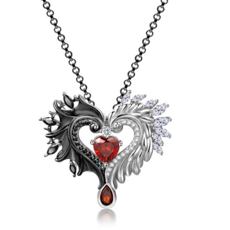 Jewelry for Women Gothic Lovers Chains 2024 New Stainless Steel Love Black and White Wings Necklace Red Diamond Heart PendantX240910