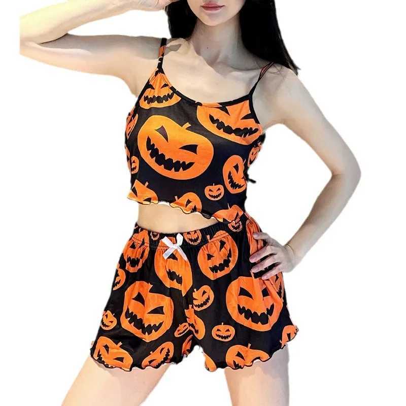 Halloween Pumpkin Women Pajama Set Sleeveless Lettuce Trim Crop Top Elastic Waist Shorts 2 Pieces Female Sleepwear NightwearX240910
