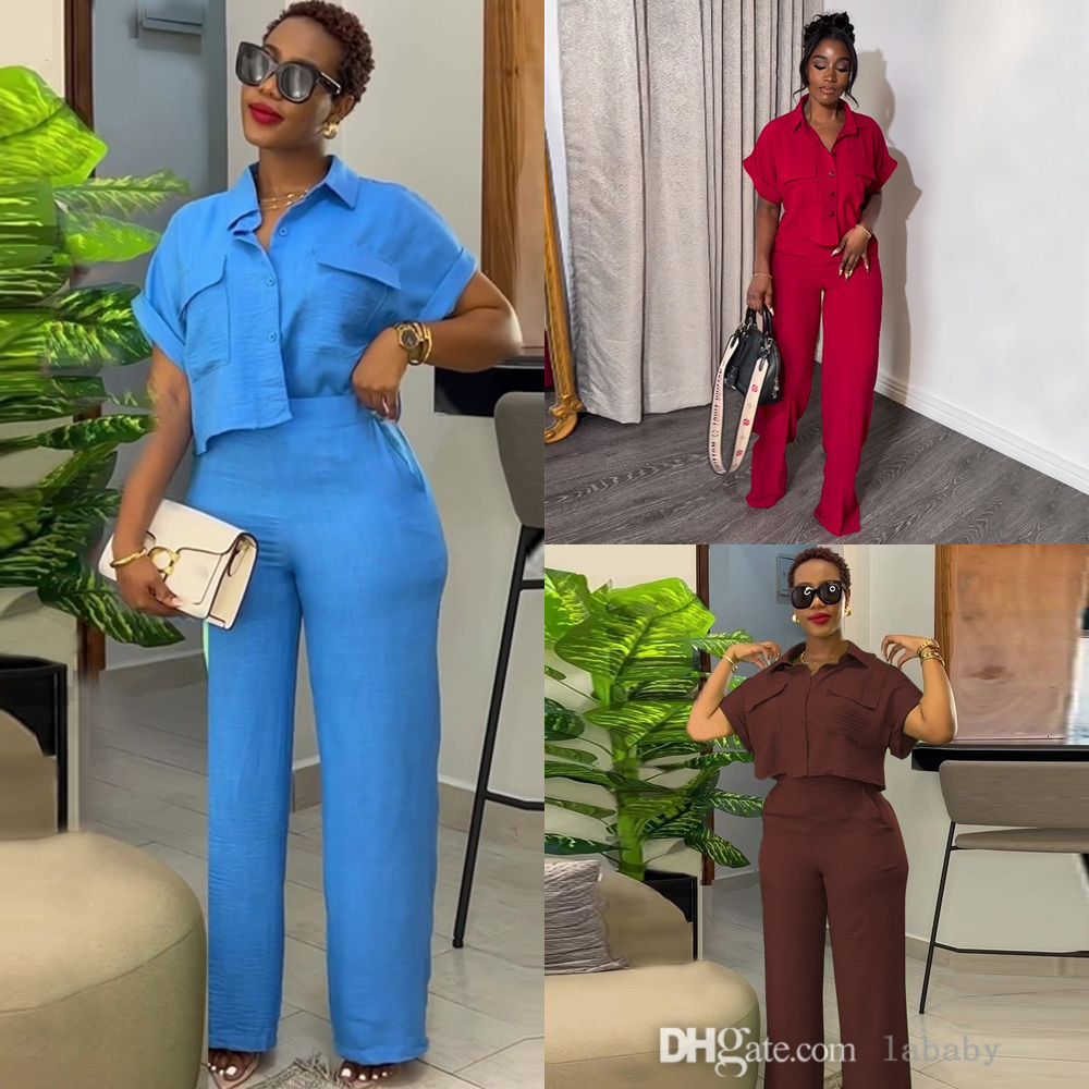 2024 New Womens Tracksuit Casual 2 Piece Set Women Lapel Neck Short Sleeve Shirt Crop Top And Wide Leg Loose Long Trousers Fashion 2Pcs Pants Sets Outfits