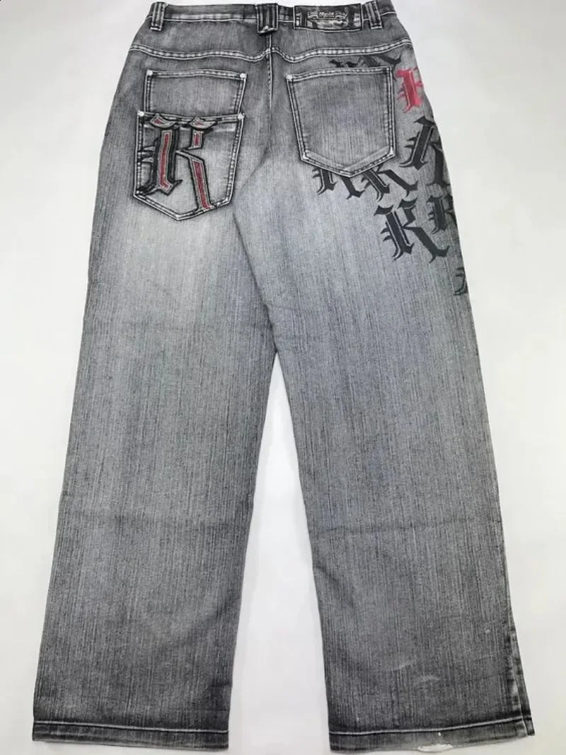 Y2K American Harajuku Retro Print Jeans Women Washed Gray Straight Pants Street Gothic Loose Casual Unisex Pants 240810