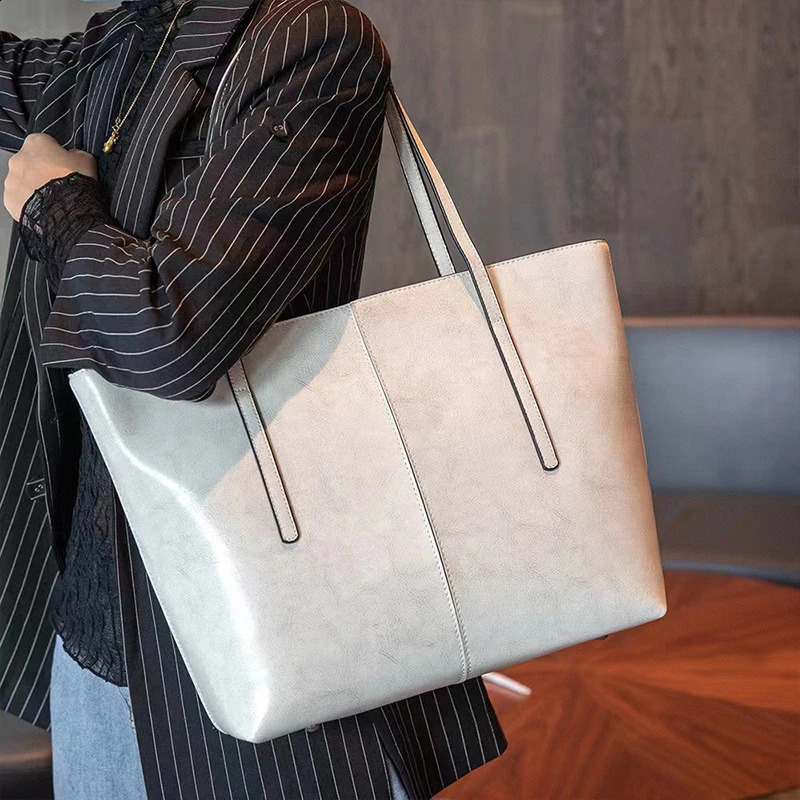 Burminsa Cowhide leather tote bag for women trend ner A4 commuting shoulder shopping womens handbag 240910