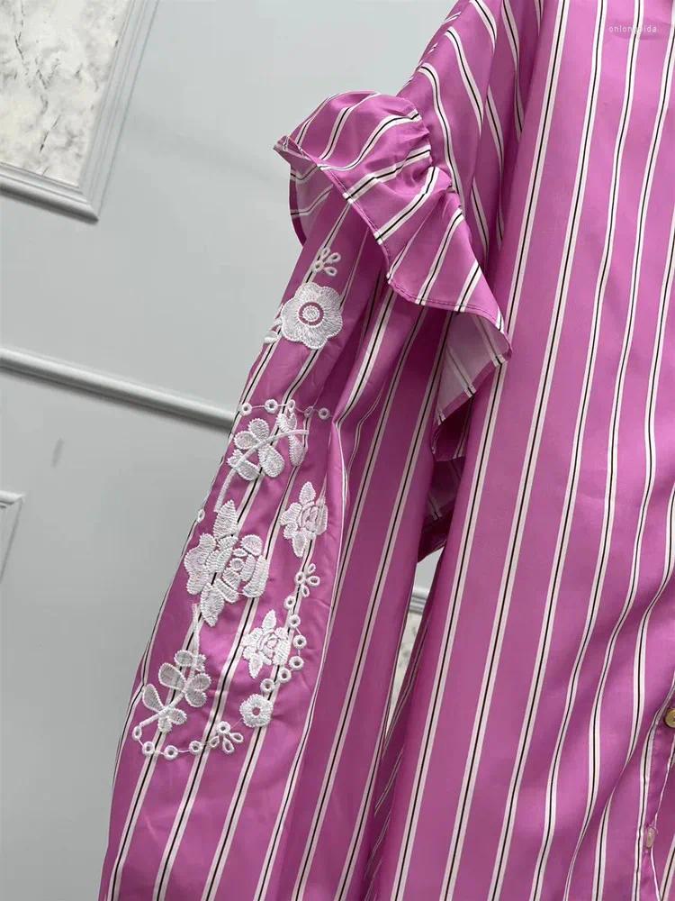 Women's Blouses Women Ral Embroidery Shirt Ruffles Long Lantern Sleeve Stripes Single Breasted Female Loose O-Neck Blouse Top Fall B3