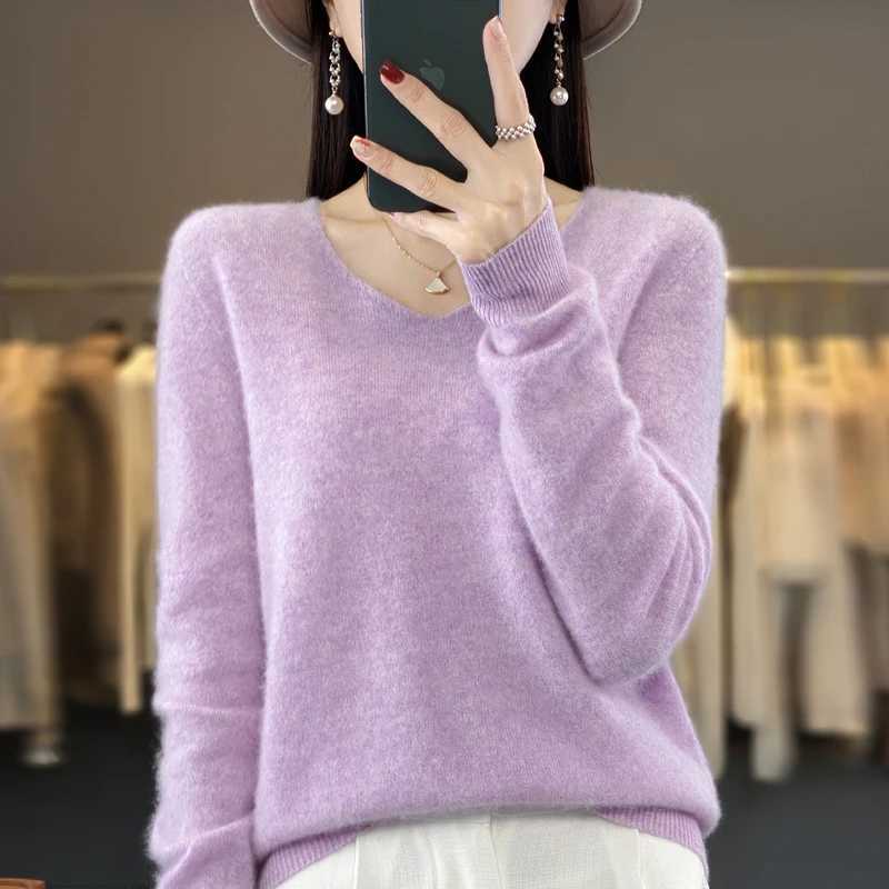 100% pure wool cashmere sweater womens V-neck pullover casual knit top autumn and winter womens coat Korean fashion M240910