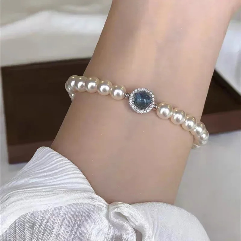 925 sterling silver pearl bracelet women's French blue crystal pendant bracelet fashionable party wedding jewelry